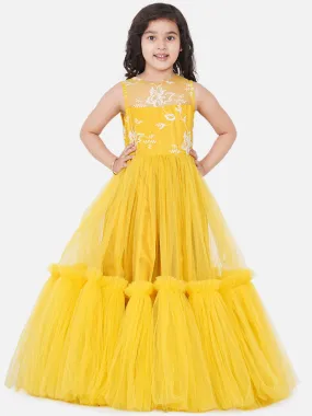 Girl's Yellow Net Embroidered Gown Dress. - Bitiya By Bhama