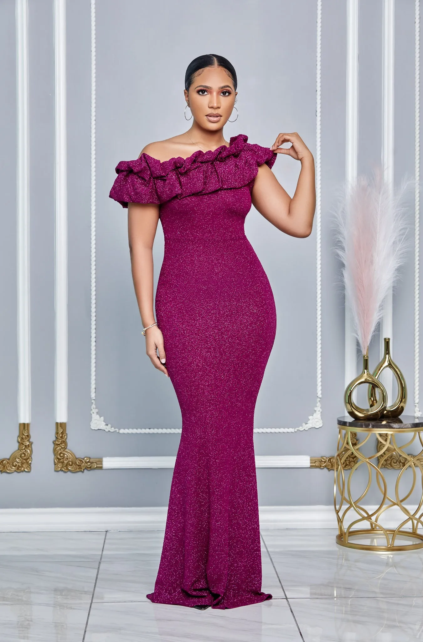 GLITTER RUFFLE ONE SHOULDER MAXI DRESS (MAGENTA)