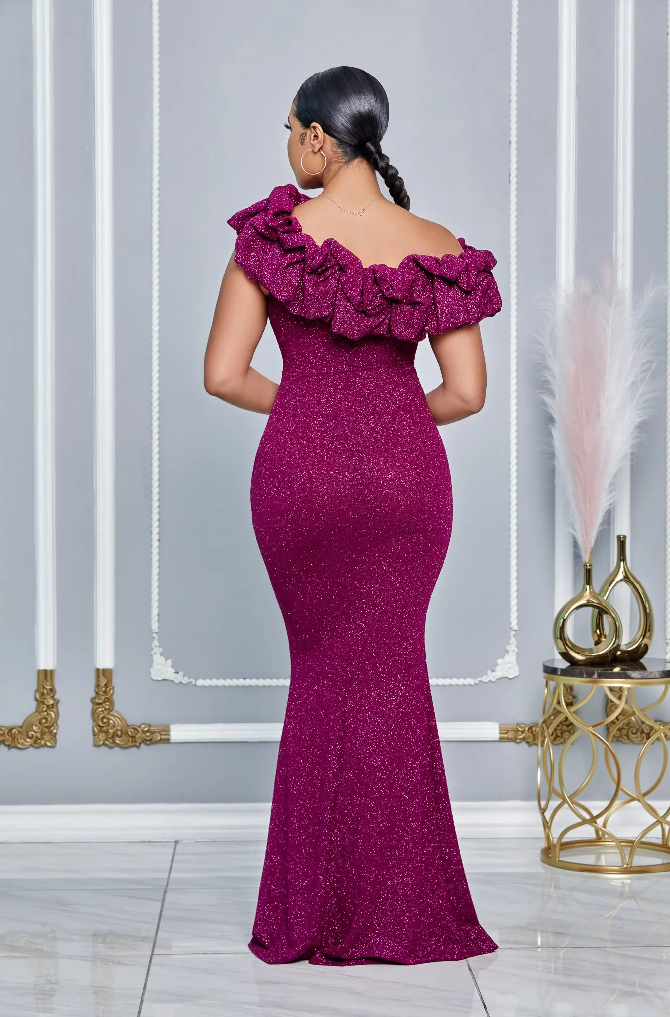 GLITTER RUFFLE ONE SHOULDER MAXI DRESS (MAGENTA)