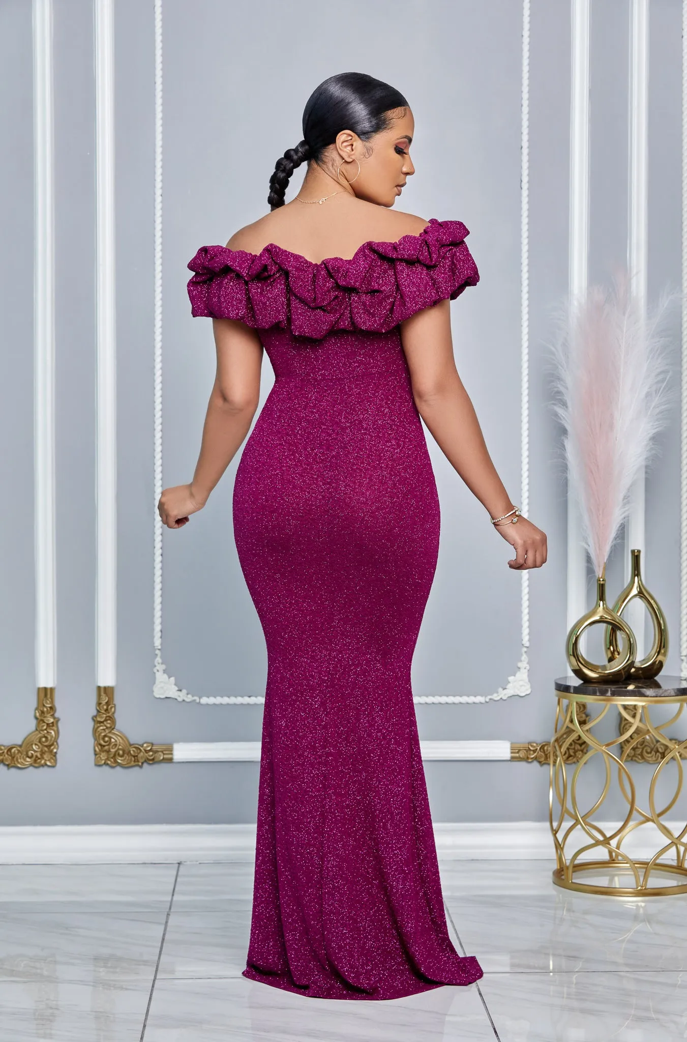 GLITTER RUFFLE ONE SHOULDER MAXI DRESS (MAGENTA)