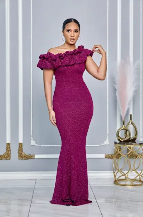 GLITTER RUFFLE ONE SHOULDER MAXI DRESS (MAGENTA)