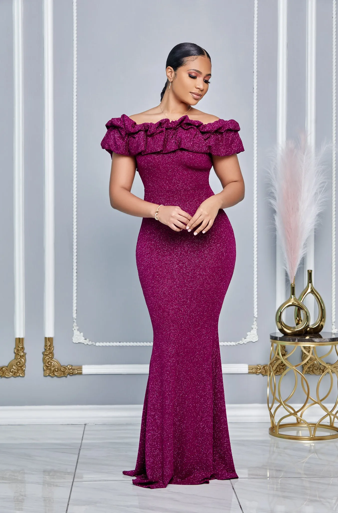 GLITTER RUFFLE ONE SHOULDER MAXI DRESS (MAGENTA)