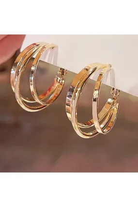 Gold Plated Triple Layer Contemporary Hoop Earrings