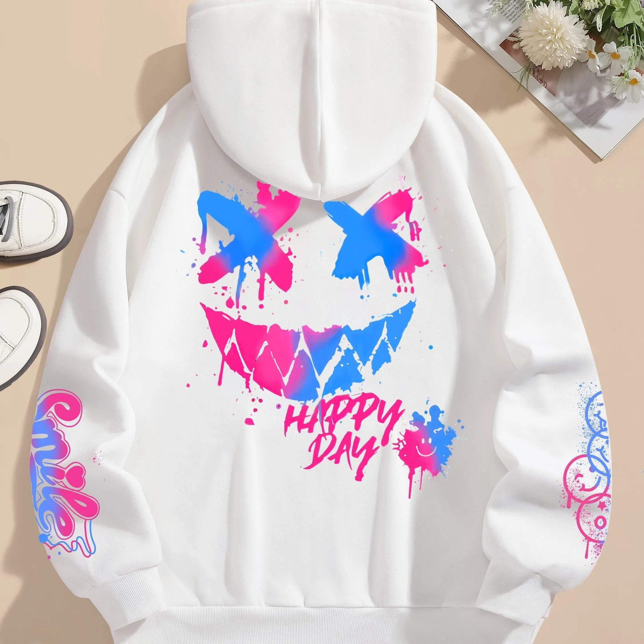 Graphic & Letter Print Hoodie, Casual Pocket Long Sleeve Drawstring Hoodies Sweatshirt, Women's Clothing