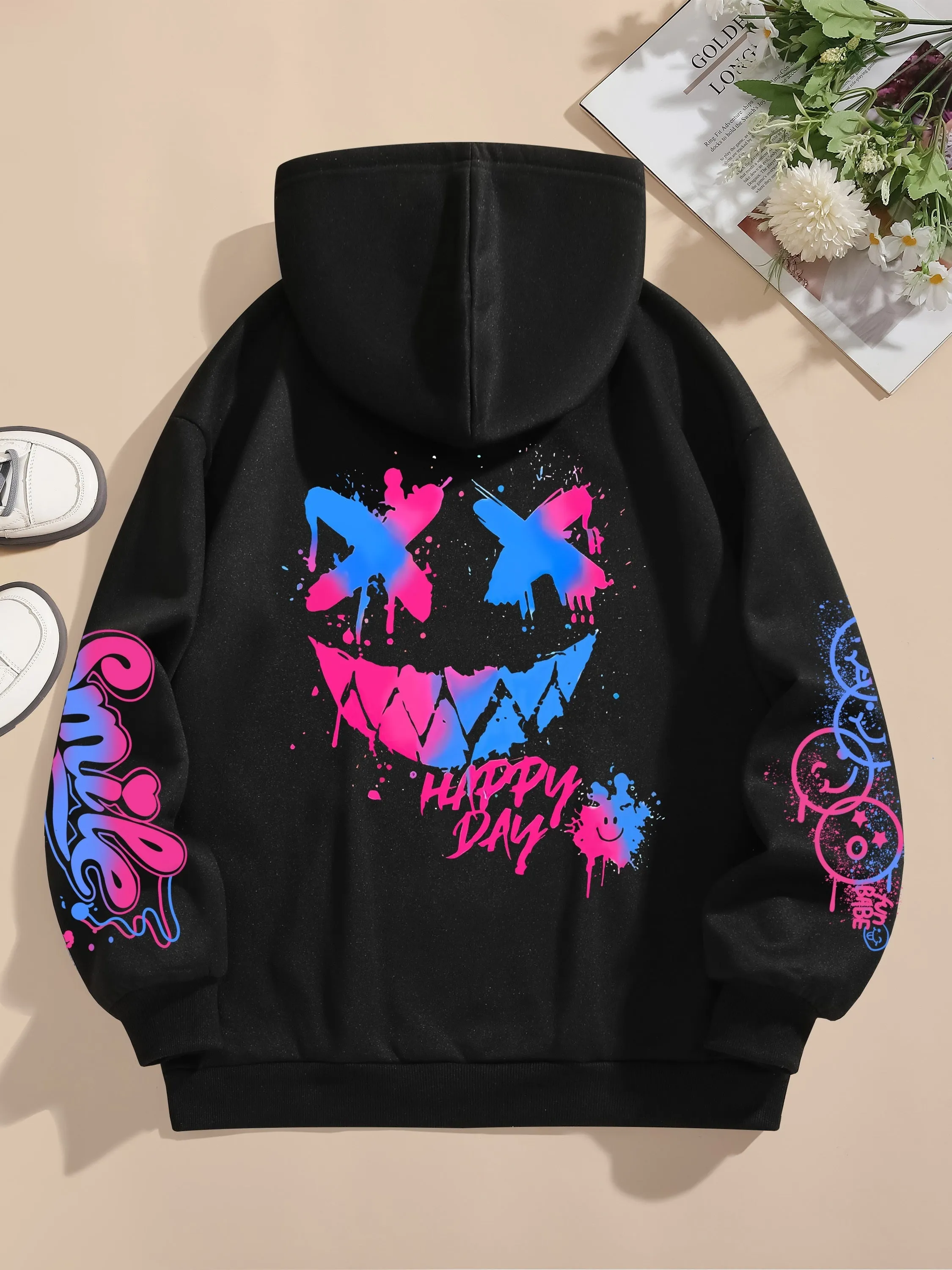 Graphic & Letter Print Hoodie, Casual Pocket Long Sleeve Drawstring Hoodies Sweatshirt, Women's Clothing