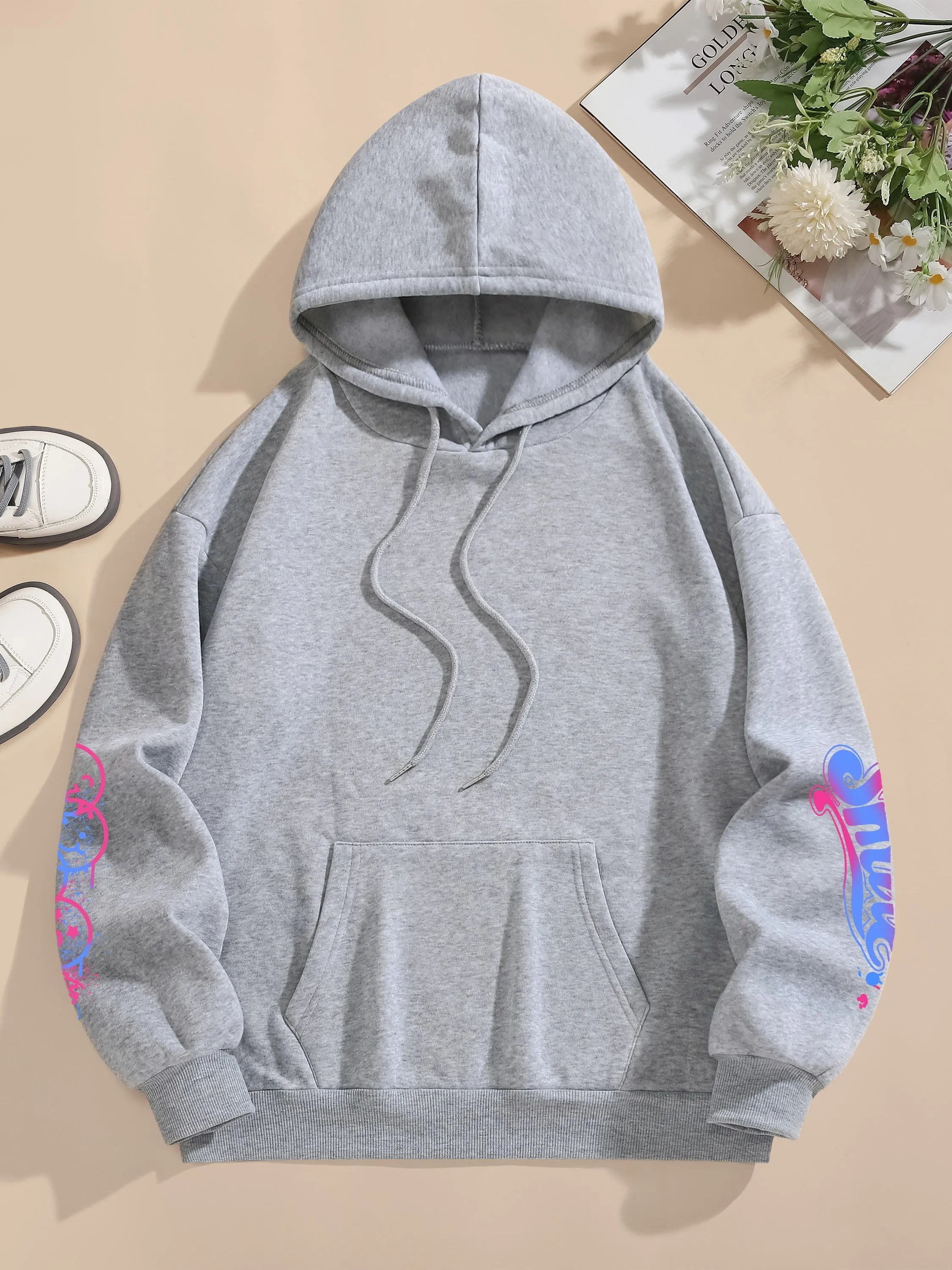 Graphic & Letter Print Hoodie, Casual Pocket Long Sleeve Drawstring Hoodies Sweatshirt, Women's Clothing