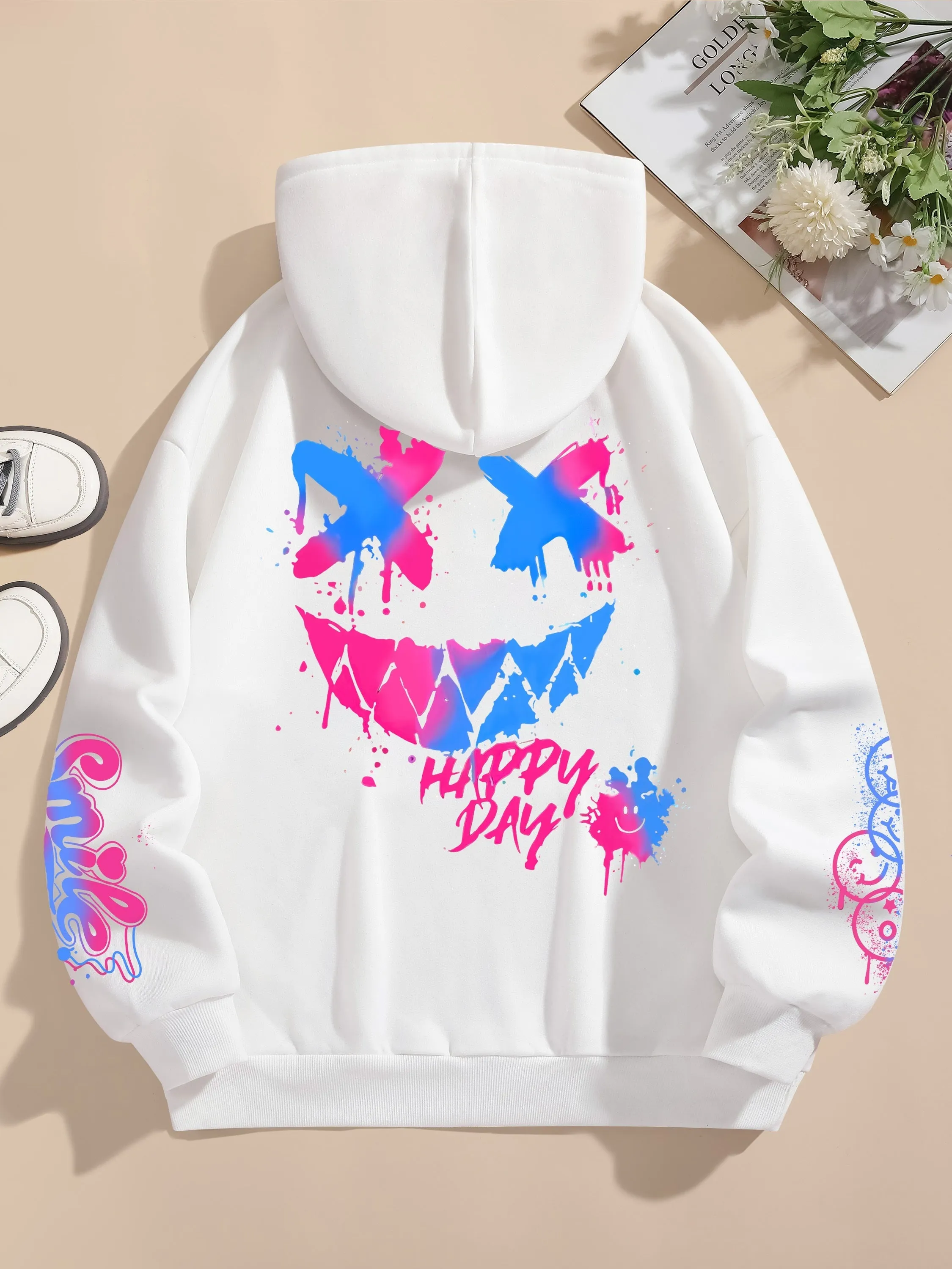 Graphic & Letter Print Hoodie, Casual Pocket Long Sleeve Drawstring Hoodies Sweatshirt, Women's Clothing