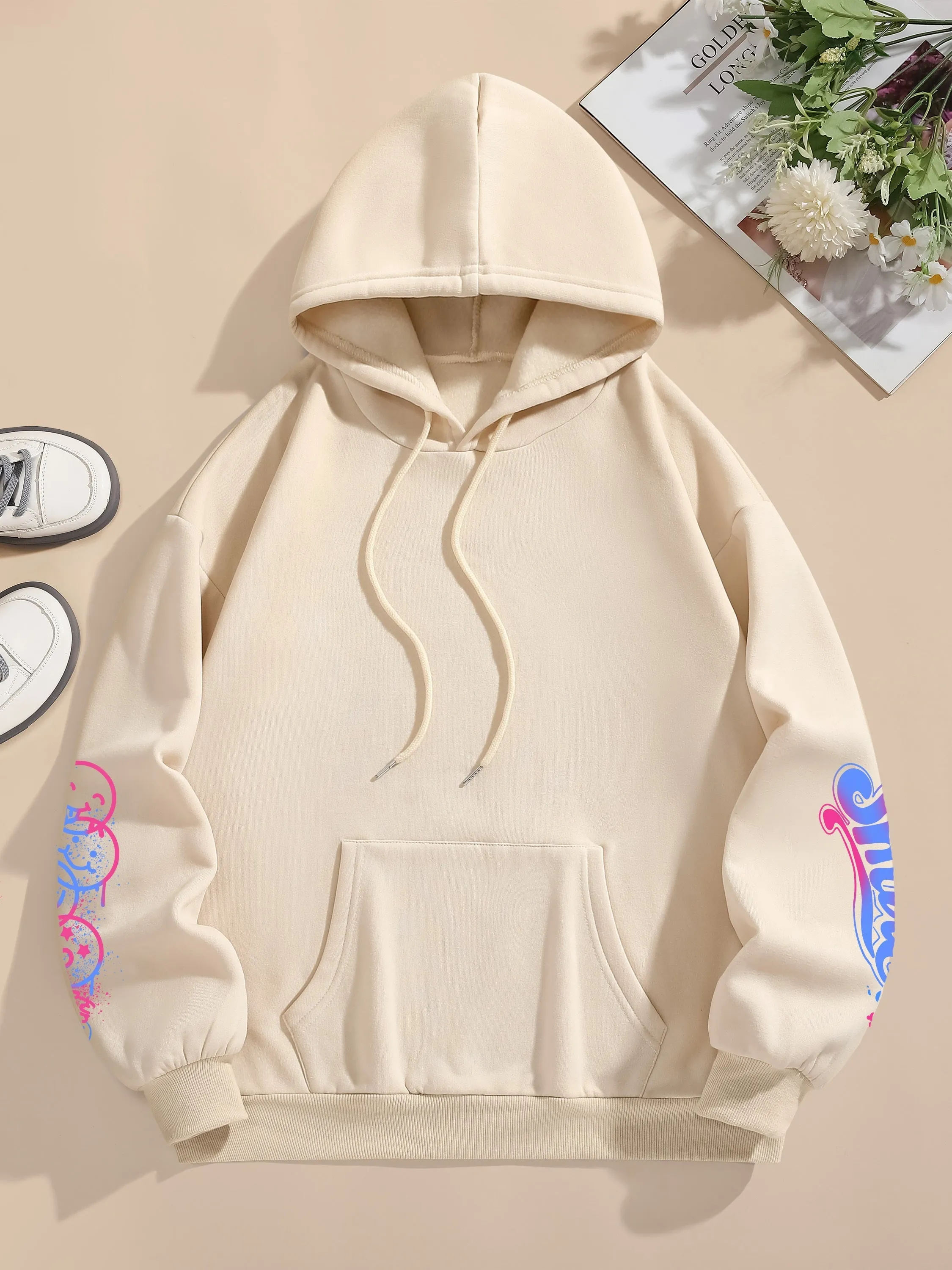 Graphic & Letter Print Hoodie, Casual Pocket Long Sleeve Drawstring Hoodies Sweatshirt, Women's Clothing