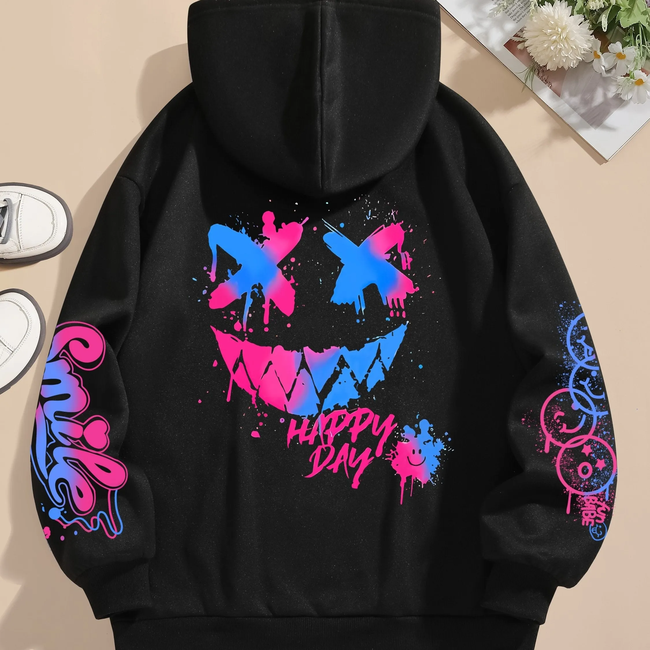 Graphic & Letter Print Hoodie, Casual Pocket Long Sleeve Drawstring Hoodies Sweatshirt, Women's Clothing