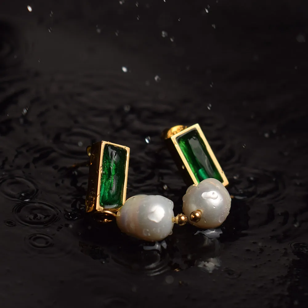 Green Stone Pearl Dangle Earrings