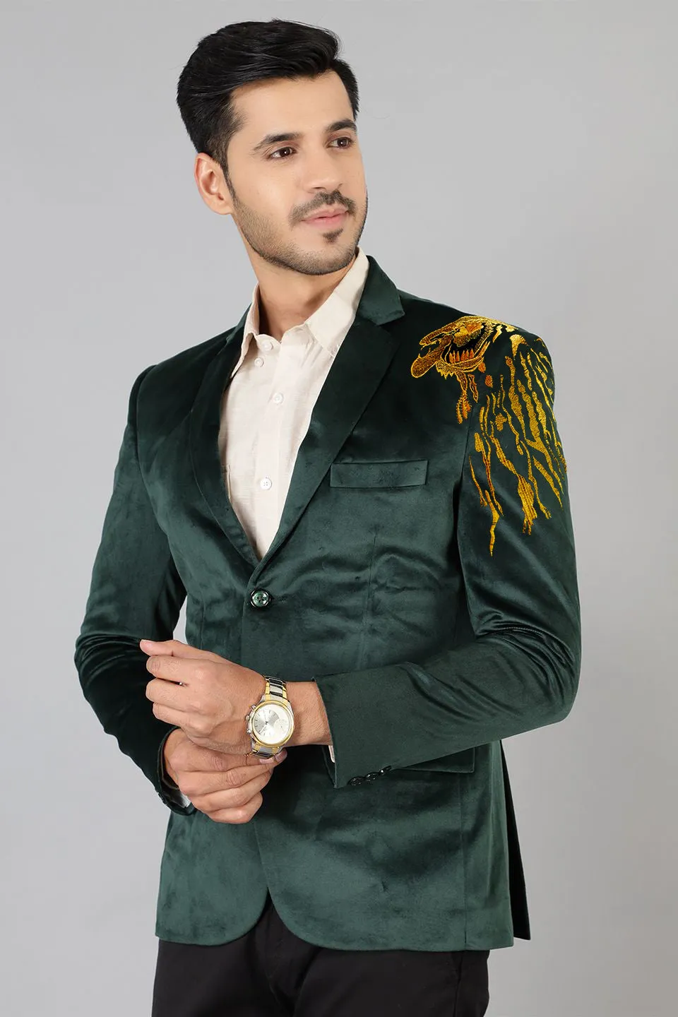 Green Velvet Blazer with Gold Embroidery