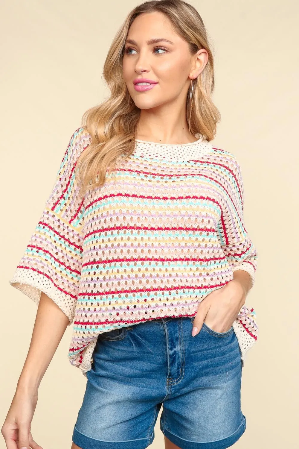 Haptics Striped Crochet Drop Shoulder Knit Top