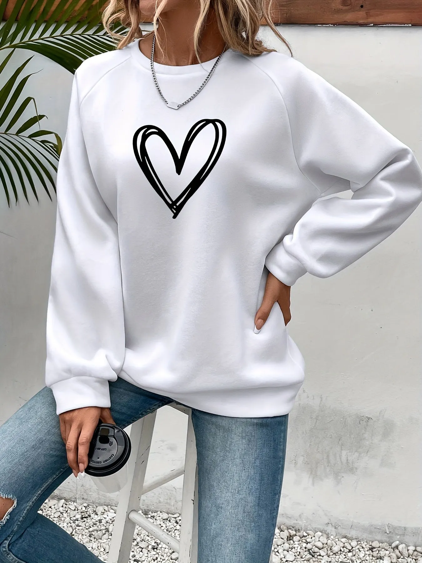 Heart Print Pullover Stylish Womens Sweatshirt for SpringFall