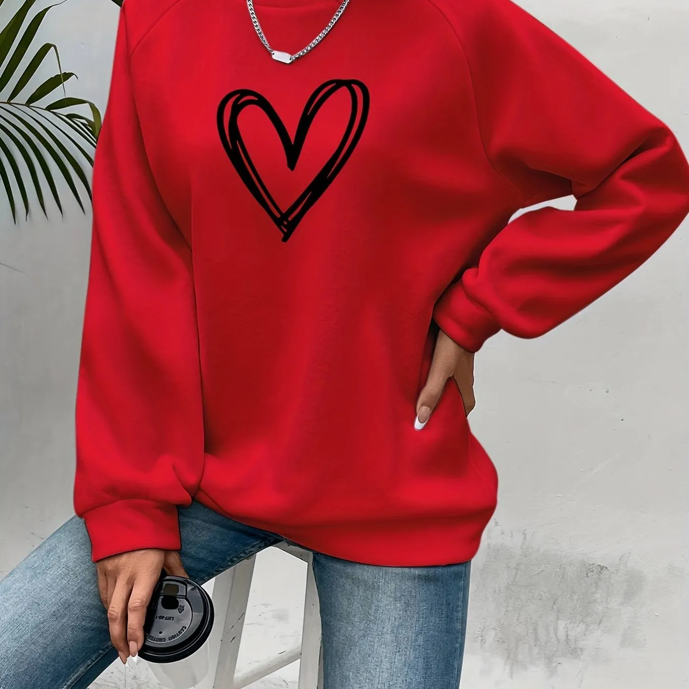 Heart Print Pullover Stylish Womens Sweatshirt for SpringFall