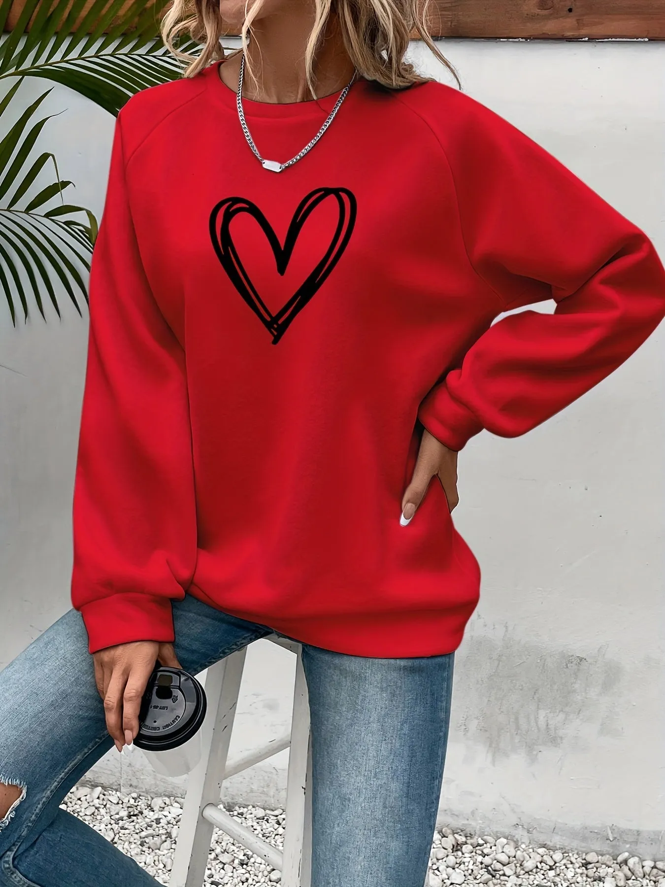 Heart Print Pullover Stylish Womens Sweatshirt for SpringFall