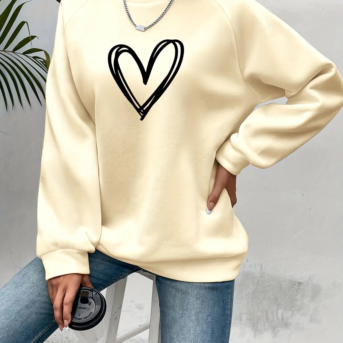 Heart Print Pullover Stylish Womens Sweatshirt for SpringFall