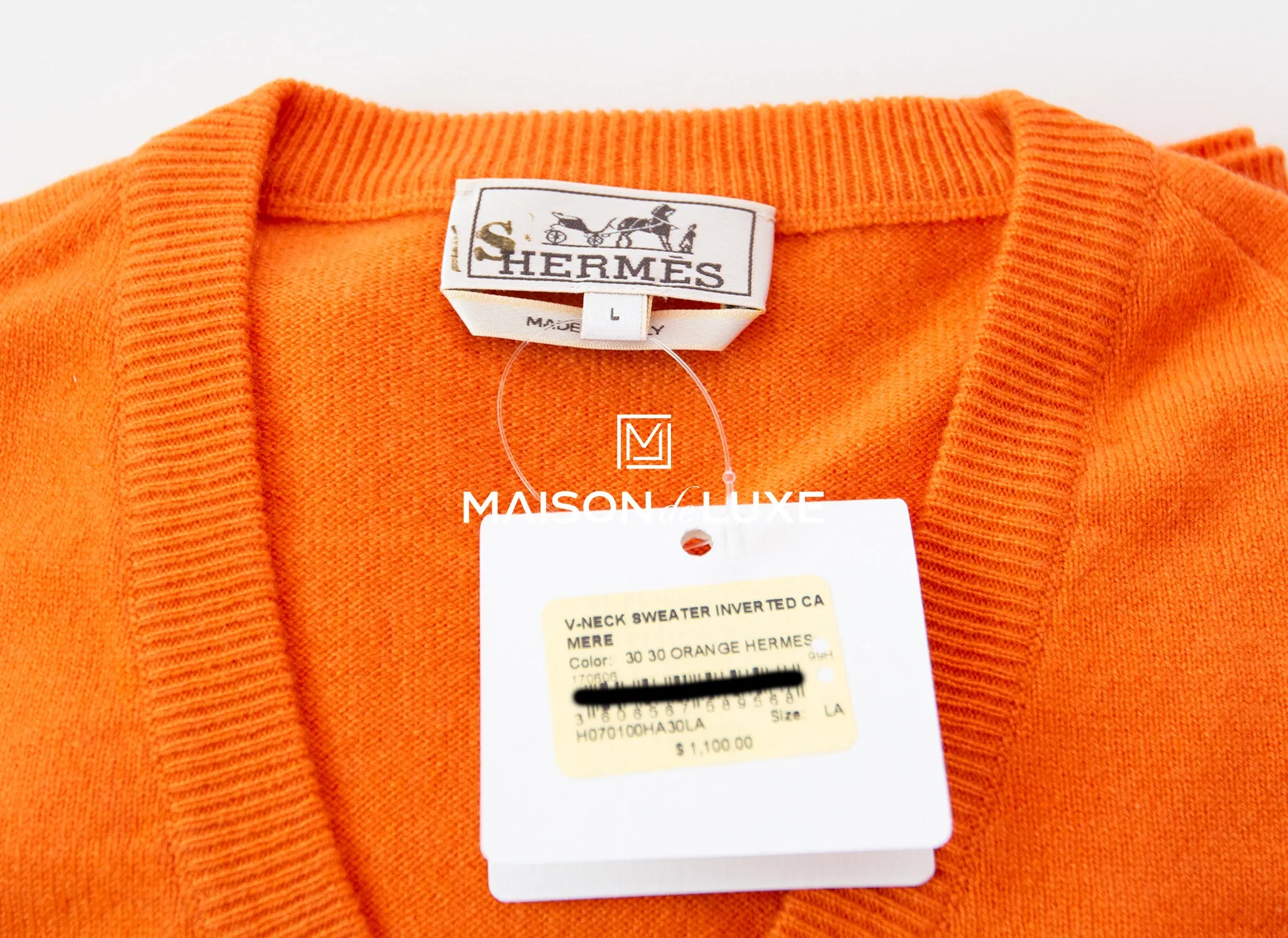 Hermes Orange V-Neck Cashmere Sweater L