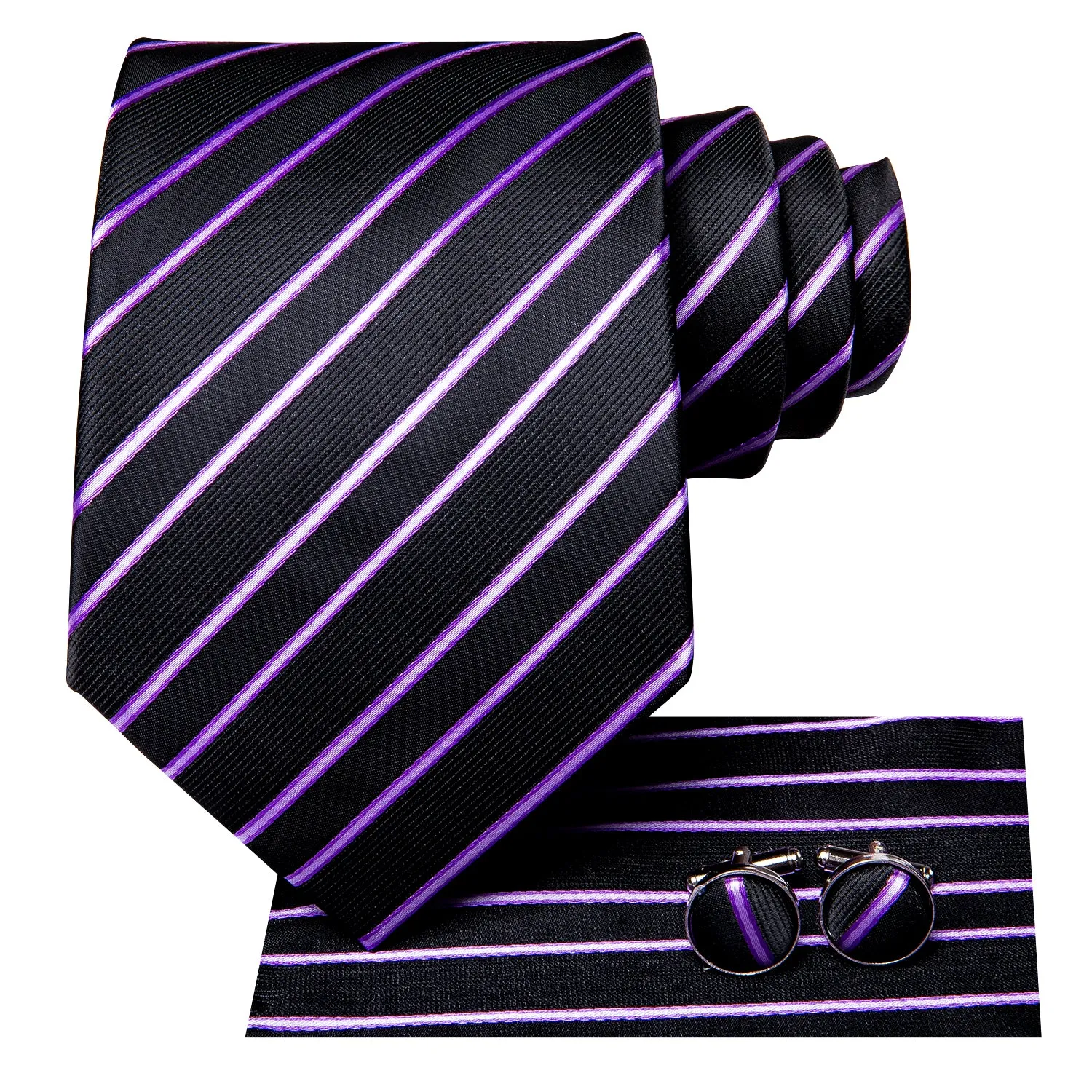 Hi-Tie Black Pink Striped Tie Pocket Square Cufflinks Set for Men