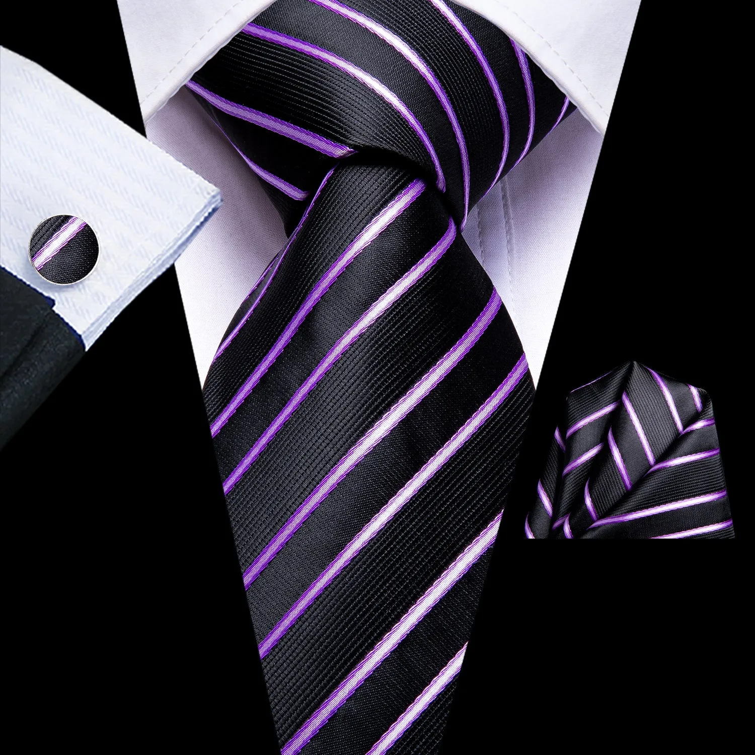 Hi-Tie Black Pink Striped Tie Pocket Square Cufflinks Set for Men