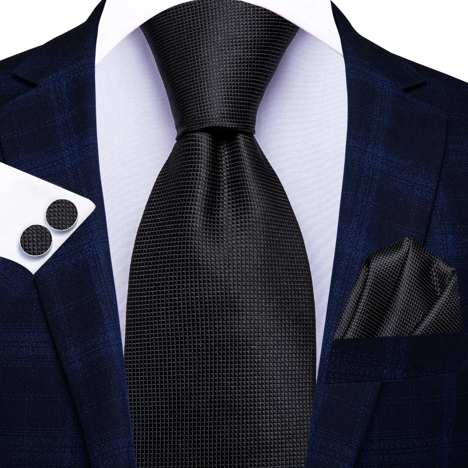 Hi-Tie Black Solid 67 Inches Extra Long Tie Handkerchief Cufflinks Set