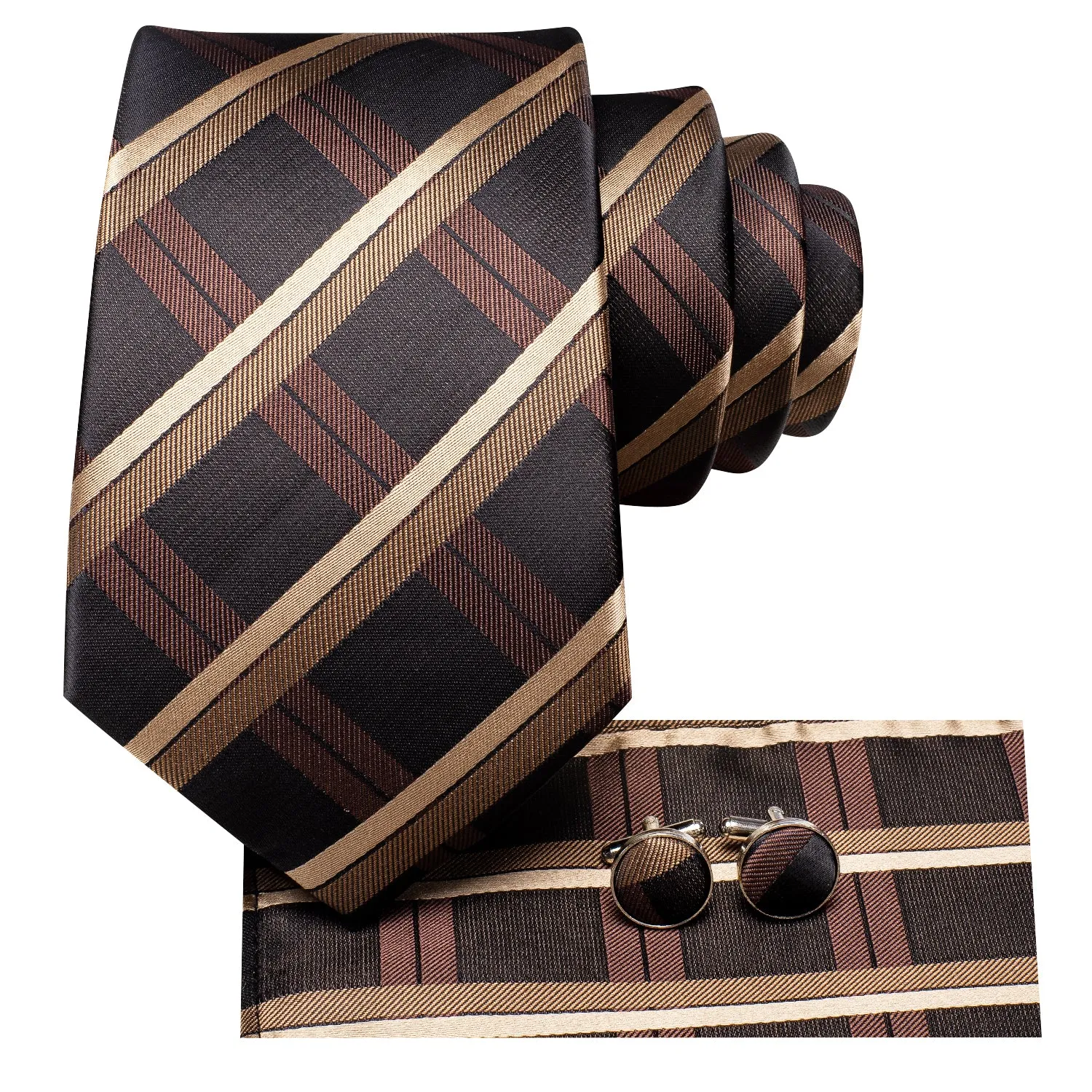 Hi-Tie Black Tie Brown Champagne Plaid Tie Pocket Square Cufflinks Set