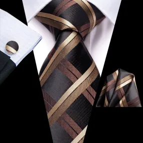 Hi-Tie Black Tie Brown Champagne Plaid Tie Pocket Square Cufflinks Set