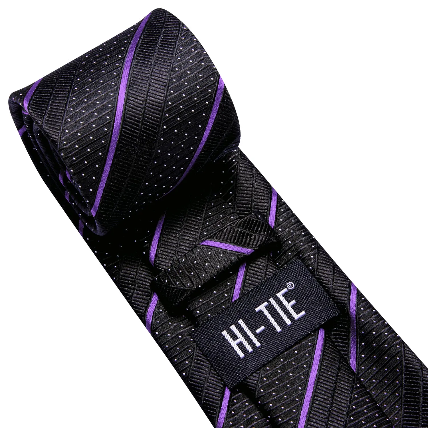 Hi-Tie Black Tie Purple Stripes White Dots Formal Neck Tie Set for Men