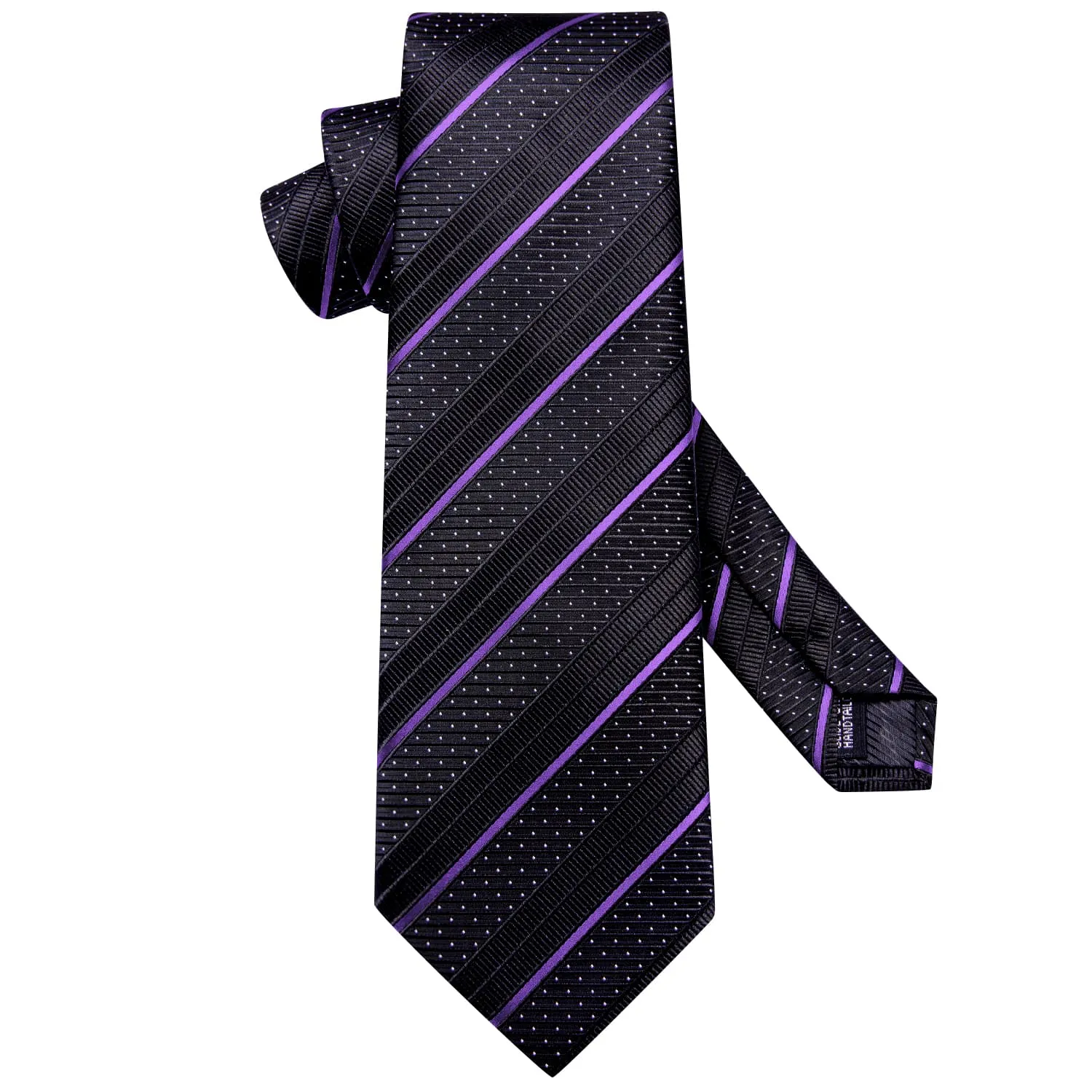 Hi-Tie Black Tie Purple Stripes White Dots Formal Neck Tie Set for Men