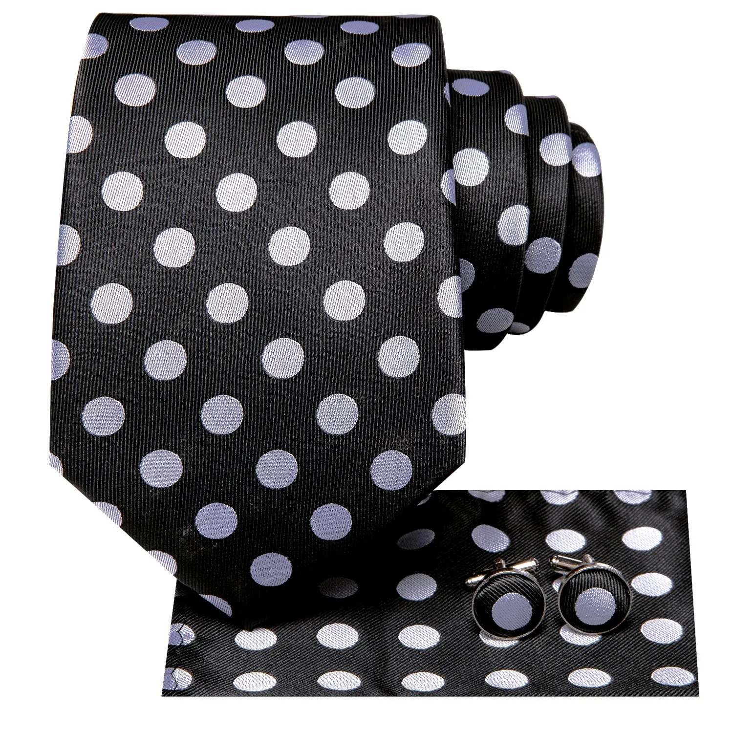 Hi-Tie Black White Polka Dots 67" Extra Long Tie Hanky Cufflinks Set