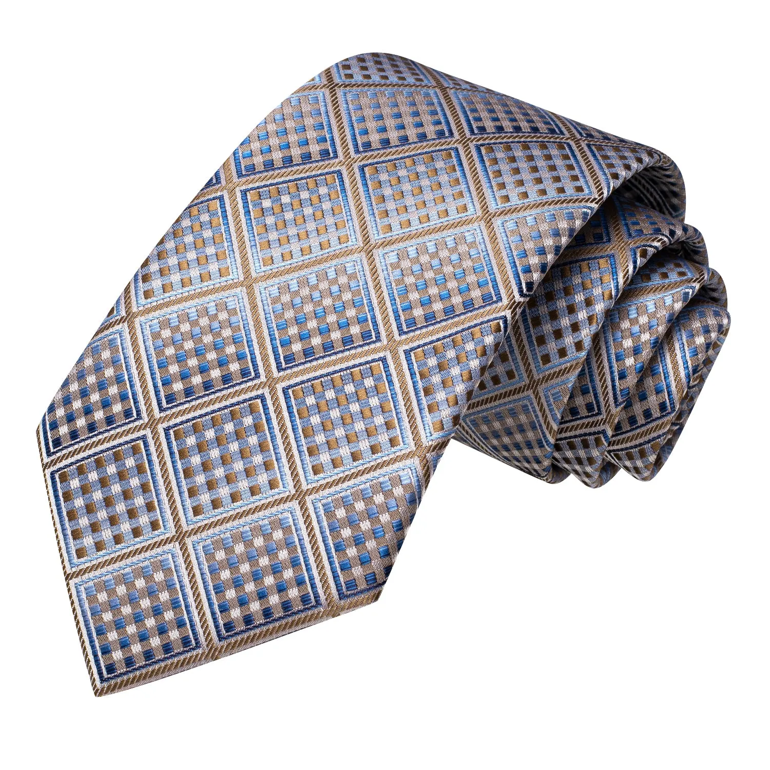 Hi-Tie Blue Brown Novelty Plaid Men's Tie Pocket Square Cufflinks Set