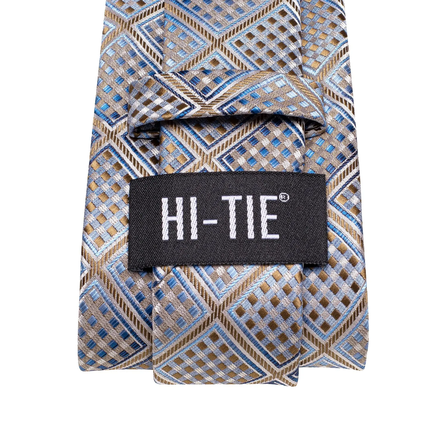 Hi-Tie Blue Brown Novelty Plaid Men's Tie Pocket Square Cufflinks Set