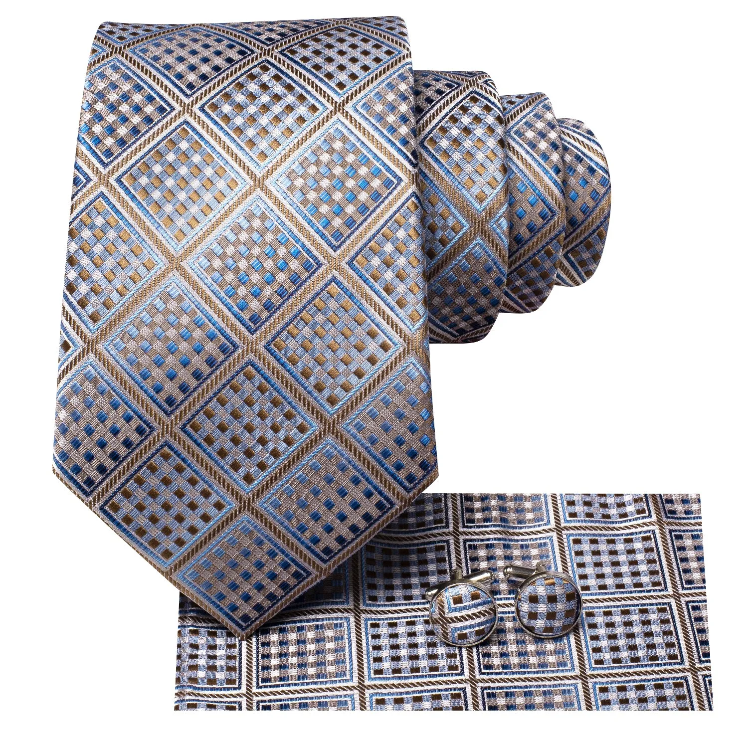 Hi-Tie Blue Brown Novelty Plaid Men's Tie Pocket Square Cufflinks Set