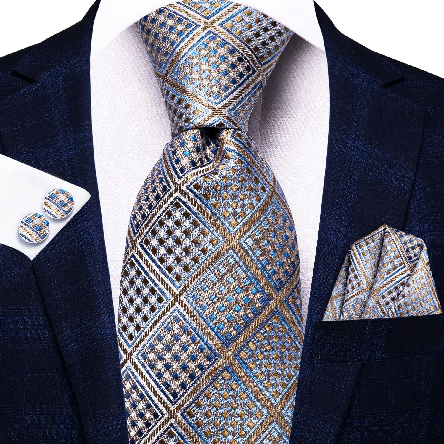 Hi-Tie Blue Brown Novelty Plaid Men's Tie Pocket Square Cufflinks Set