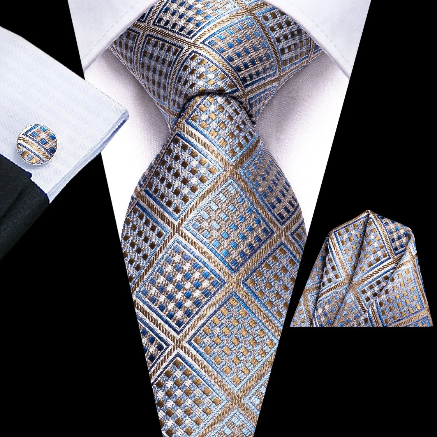 Hi-Tie Blue Brown Novelty Plaid Men's Tie Pocket Square Cufflinks Set