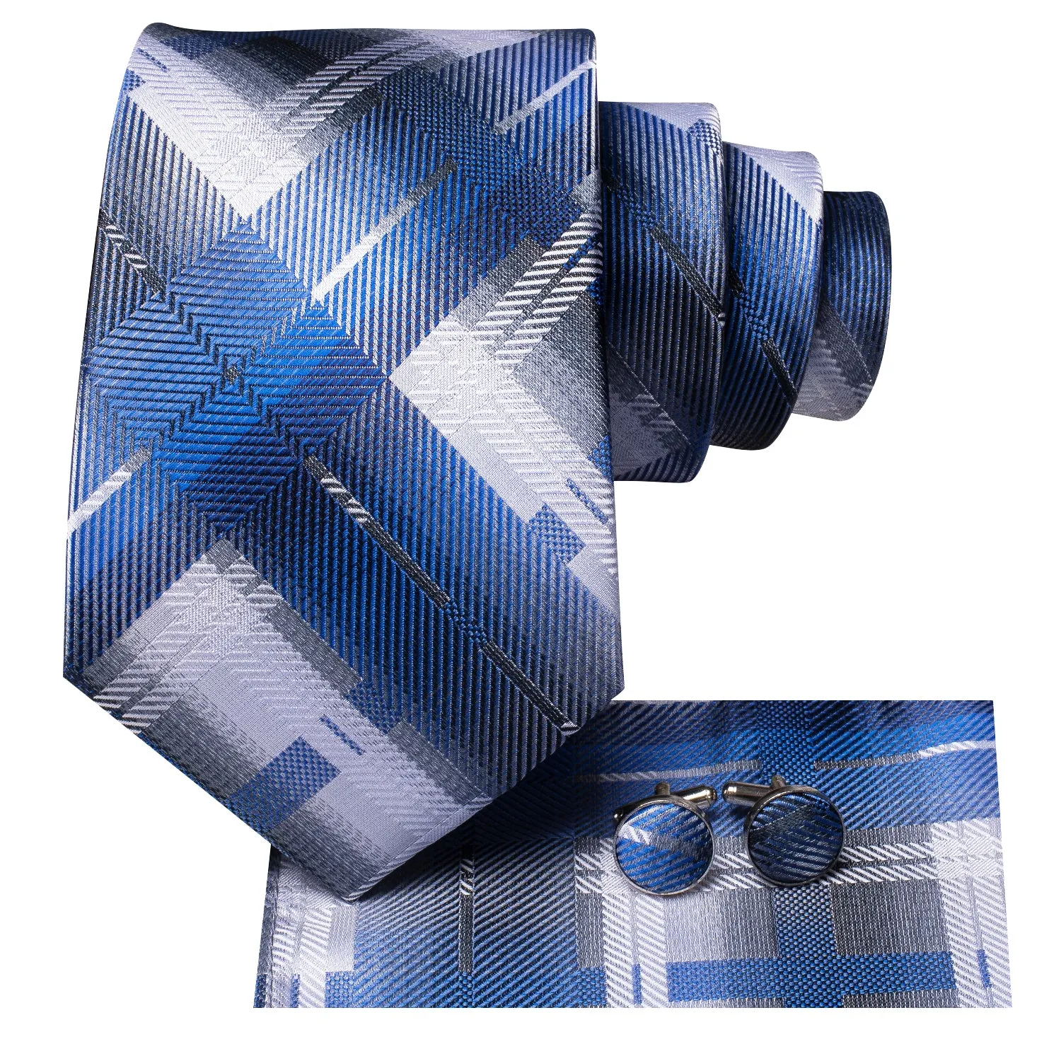 Hi-Tie Blue White Grey Stripes Geometric Necktie Hanky Cufflinks Set