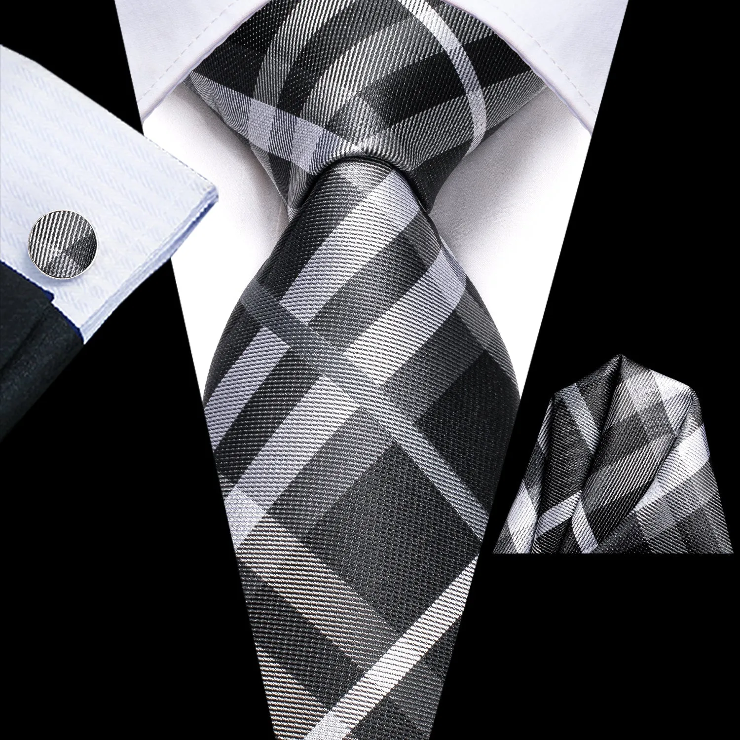 Hi-Tie Checkered Necktie Grey Striped Tie Pocket Square Cufflinks Set