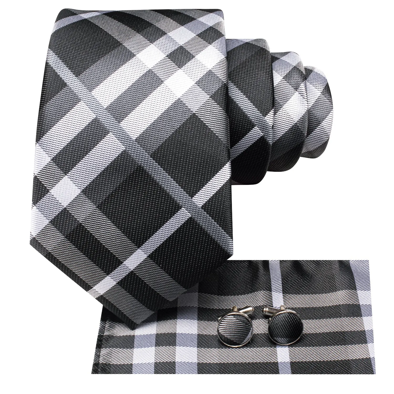 Hi-Tie Checkered Necktie Grey Striped Tie Pocket Square Cufflinks Set