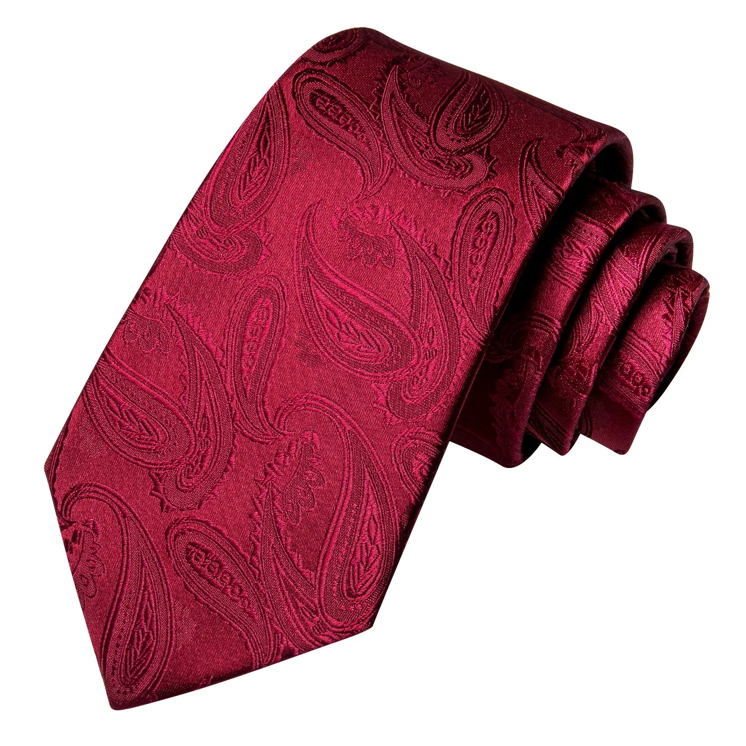 Hi-Tie Deep Red Burgundy Paisley Silk Tie Pocket Square Cufflinks Set