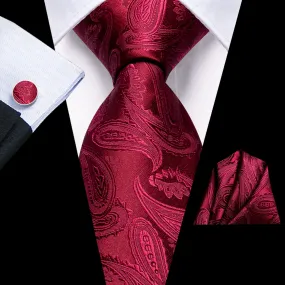 Hi-Tie Deep Red Burgundy Paisley Silk Tie Pocket Square Cufflinks Set