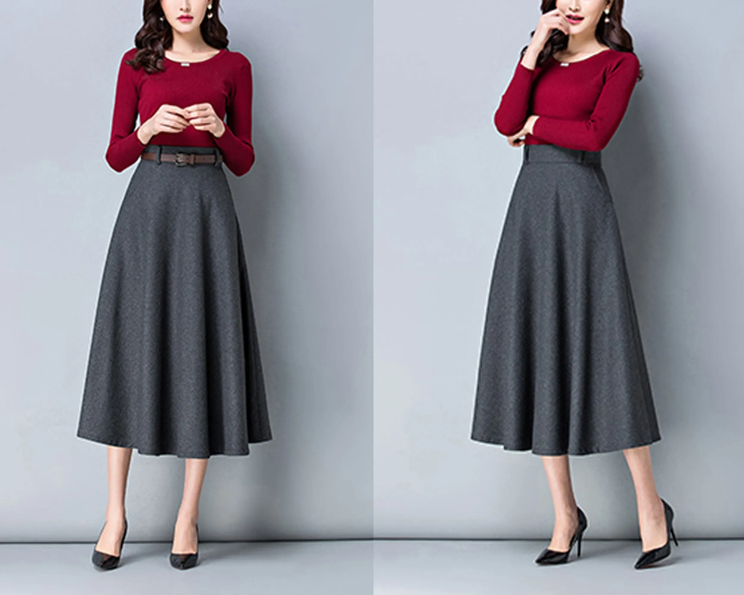 High waist skirt, Winter skirt, Midi skirt, Wool skirt, dark gray skirt, long skirt, vintage skirt, flare skirt, Wool skirt with belt Q0025