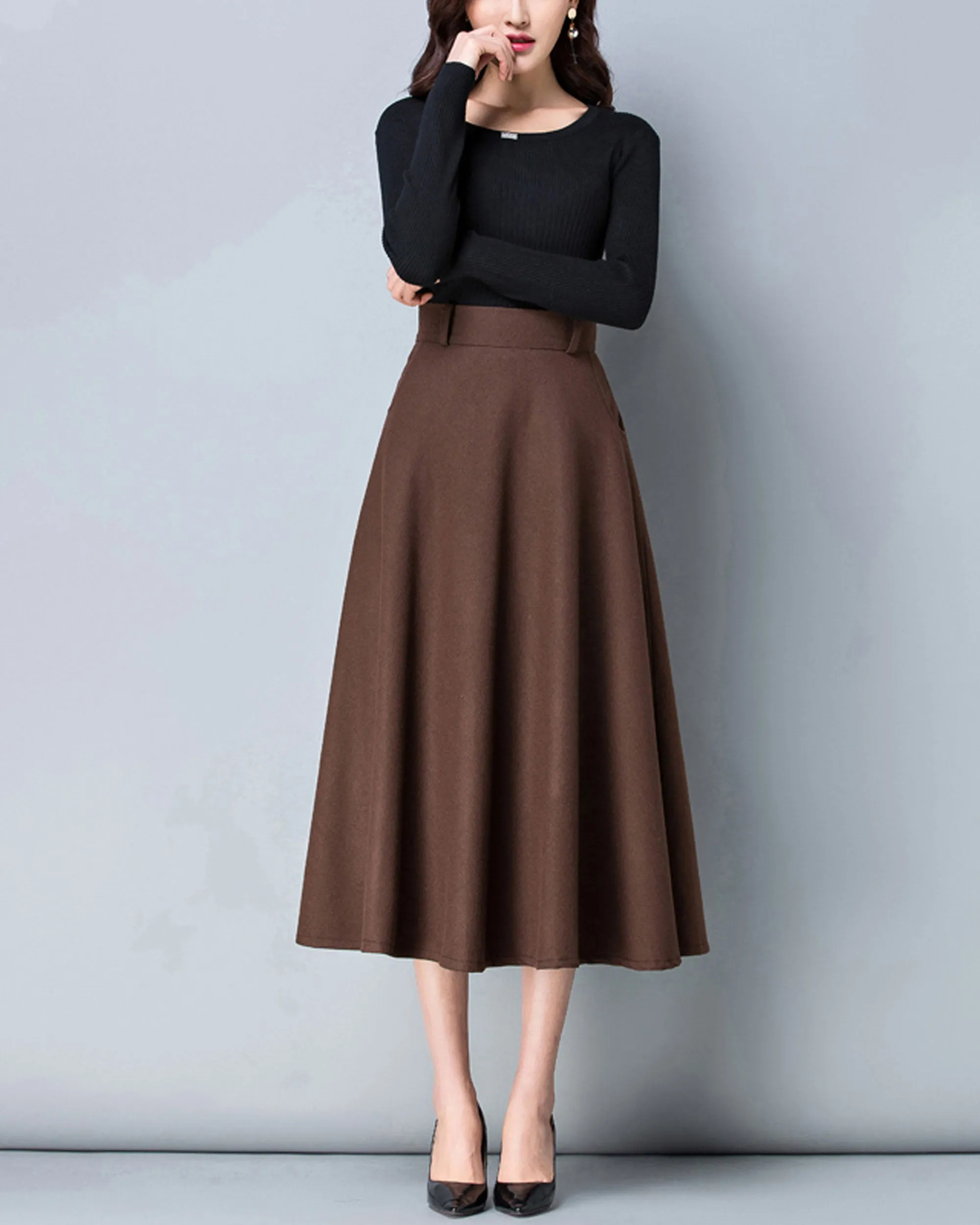 High waist skirt, Winter skirt, Midi skirt, Wool skirt, dark gray skirt, long skirt, vintage skirt, flare skirt, Wool skirt with belt Q0025