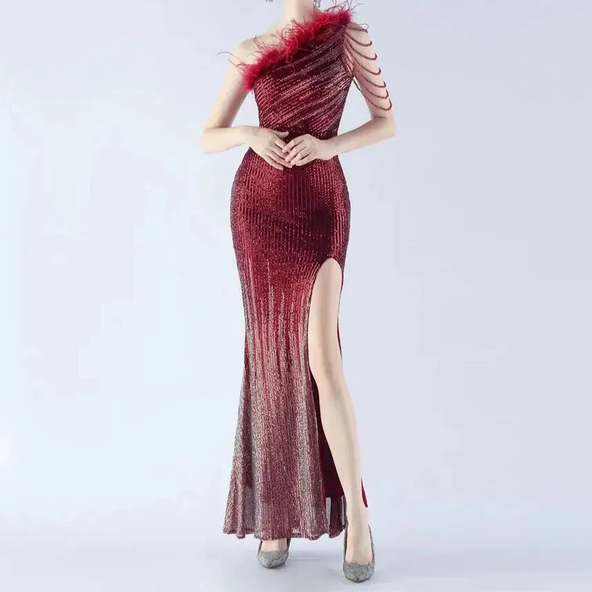 Honey One Shoulder Ombre Sequins Evening Dress