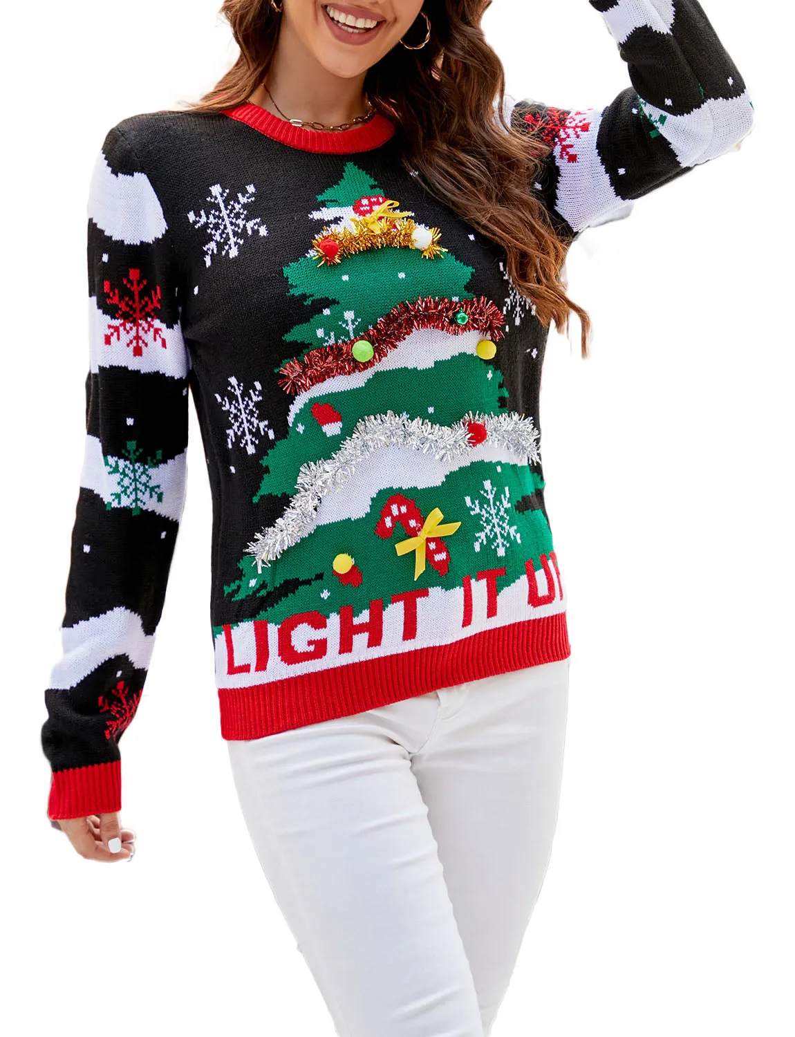 iB-iP Women's Casual Christmas Tree Top Cozy Long Sleeve Pullover Sweater