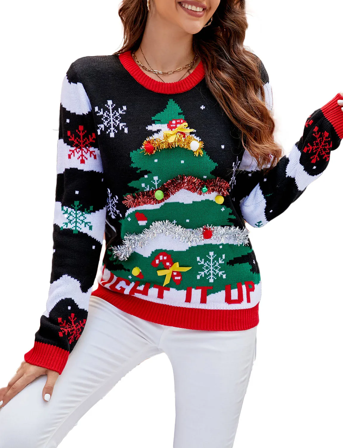 iB-iP Women's Casual Christmas Tree Top Cozy Long Sleeve Pullover Sweater