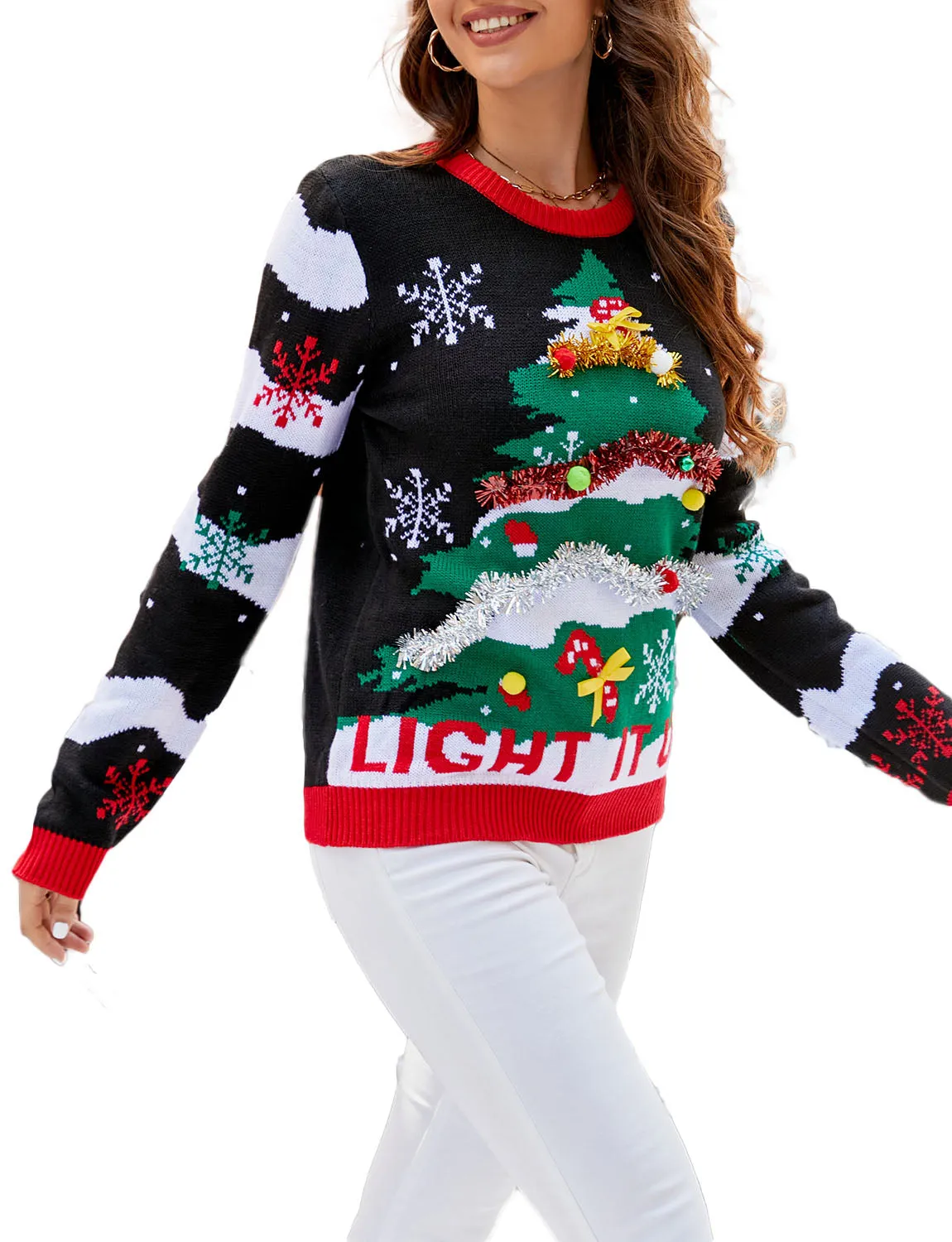 iB-iP Women's Casual Christmas Tree Top Cozy Long Sleeve Pullover Sweater