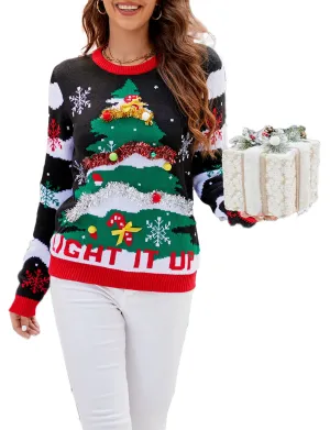 iB-iP Women's Casual Christmas Tree Top Cozy Long Sleeve Pullover Sweater