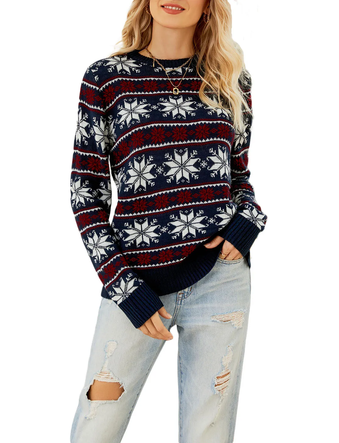 iB-iP Women's Christmas Casual Cozy Top Long Sleeve Pullover Sweater