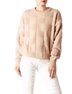 iB-iP Women's Cozy Casual Top Long Sleeve Soft Checkered Pullover Sweater