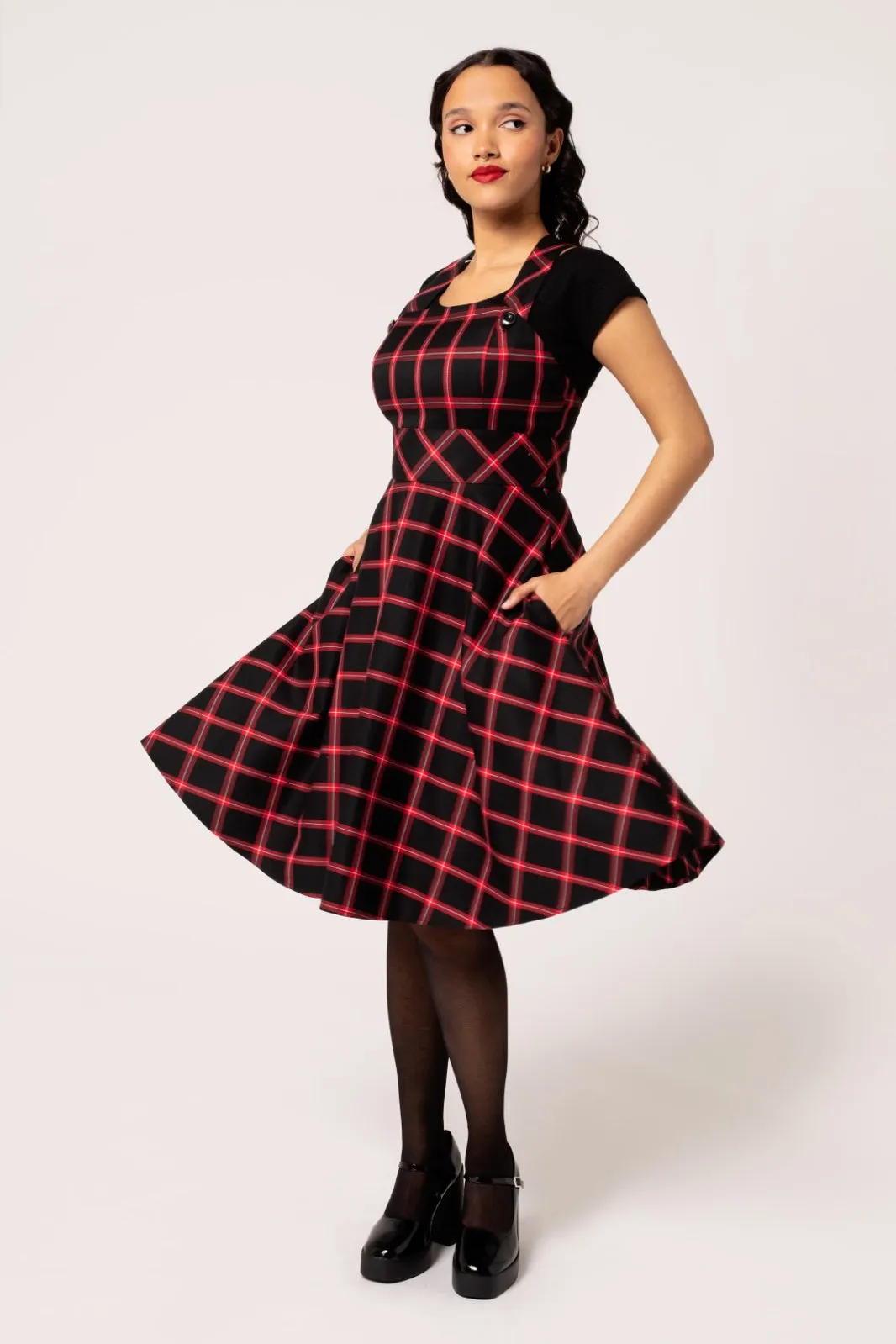 Janine Black & Red Plaid Pinafore Dress by Hell Bunny