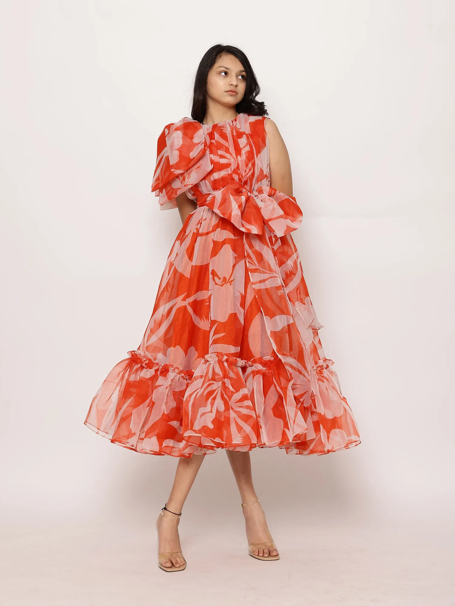 Janyas Closet Lora Floral Print Tea-Length Ruffled Dress